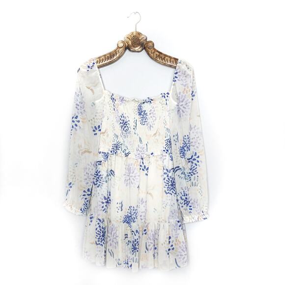 Wilfred Aritzia Tempest Mini Dress Floral Square Neck Smocked Bodice M - Picture 2 of 11